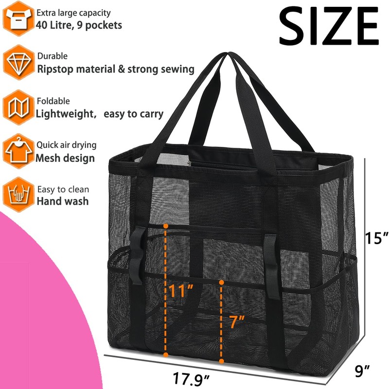 Fammart Mesh Beach Bag, Extra Large Beach Tote with Zipper