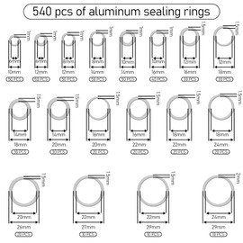 540 Pieces Aluminium Sealing Ring Assortment, Aluminium Washers, Sealing Gaskets, Flat Seal Set with Assortment Box, M6 M8 M10 M12 M14 M16 M18 M20 M22 M24 (18 Sizes)