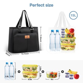 HSHRISH Cool Bag, Lunch Bag, Picnic Bag, Women's Shopping Bag, Work, Picnic, Travel, Beach, Anti Lost, Zip, Practical Insulated Bag, Pure Black, 15 L