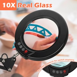 MagnieOpti 10X Desktop Magnifying Glass with Light, Stand Magnifying Lamp 4.3" Real Glass Lens, Step-Less Dimming, Hands-Free Round Magnifier with Clamp, for Crafts, Reading, Painting, Sewing