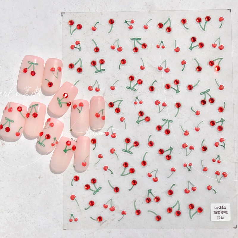 TailaiMei Cherry Nail Stickers, Fruit Self-Adhesive Nail Art Decals for