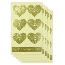 FSEL-003 Gold Heart Gift Seal Embossed Seal 1.7 x 1.4 inches (42 x 35 mm), 5 Sheets Included, Present, Sparkling Puffy Round