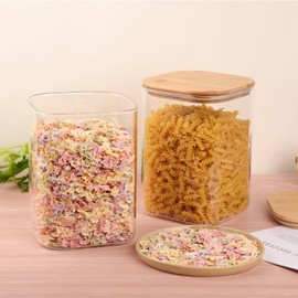 Glass Food Storage Jars 3.6 Qt Set of 2,Glass Storage Containers Clear Glass Food Canister with Bamboo Lid Airtight For Serving Tea, Coffee, Flour, Sugar, Candy, Cookie, Spice and More (Square)