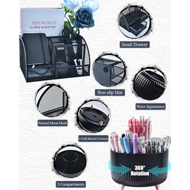Organizadores de escritorio negros y accesorios con organizador de escritorio de malla y soporte giratorio de 360 y un montn de suministros de...     
