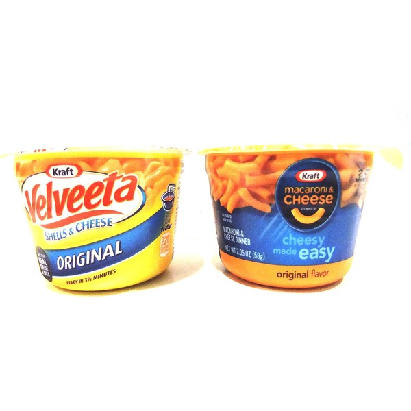 Kraft EASY MAC and SHELLS & CHEESE Cups VARIETY 6 Pack + FREE 48 count pack of Heavy Duty Plastic Utensils. YOU GET: 3 Cups of MACARONI & CHEESE DINNER, 3 Cups of VELVEETA ORIGINAL SHELLS & CHEESE.