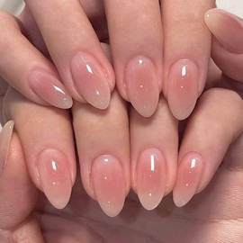 24Pcs Blush Press on Nails Almond Shaped, Nude Pink French False Nails Short, Ombre Acrylic Manicure Kit with Glue Stickers, Reusable Glossy Natural Gel Full Cover Stick on Nails for Women Girls