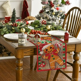 Artoid Mode Wood Gingerbread Candy Cane Christmas Table Runner, Seasonal Winter Kitchen Dining Table Decoration for Home Party Decor 13x72 Inch