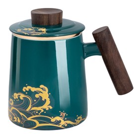 DISDADA Tazza Da Te Con Infusore Regalo Tazza per Tisana con Filtro per Tisane Tazze Ceramica Coperchio Tazzine Da The Perfetto per La Preparazione Di Tè Sciolto (Color:Dark green waves)
