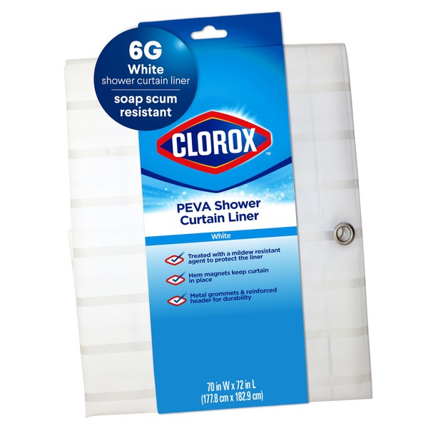 CLOROX Shower Curtain Liner, Premium Striped Medium-Weight Durable Waterproof 6g