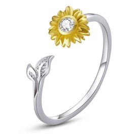 925 Sterling Silver Adjustable Ring for Women Sunflower Cubic Zirconia Wedding Engagement Thumb Fashion Ring Gift for Girls with Jewellery Box, Cubic Zirconia