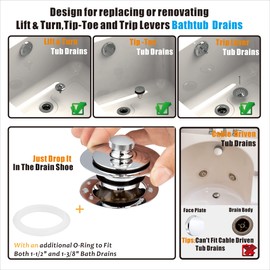 Artiwell Universal Lift and Turn Bath Drain Stopper and Cover, Bathtub Drain Stopper, Replaces Lift and Turn, Tip-Toe and Trip Lever drains for Tub, EZ Installation and Clearing (Chrome Plated)