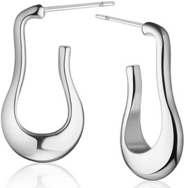 Chunky Silver Hoop Earrings for Women - Plated Silver Hoops Earrings for Women, Simple Thick Open Teardrop Dangles, Boho Trendy Open Oval Wavy Dangle, Unique Small Dangly Tear Drop Studs for Everyday