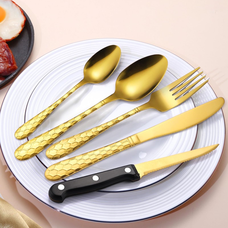 30 Pcs Gold Hammered Silverware Set Service for 6,with Steak