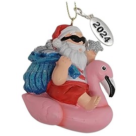 Tropical Christmas Ornaments Santa Pink Flamingo Floatie Ornament Beach with Current Year Hang Tag Comes in a Gift Box so It's Ready for Giving