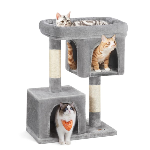 FEANDREA Cat Tree with Sisal-Covered Scratching Posts and 2 Plush Condos Cat Furniture for Kittens Light Gray UPCT61W