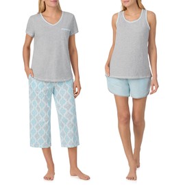 Carole Hochman - Conjunto de pijama de 4 piezas 100% algodón para mujer, playera con cuello en V, sin mangas, pantalones capri y pantalones cortos con cordón y bolsillos, Gris Caliente, Small