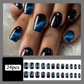 24pcs Short False Nails with Glue - Blue Sky French Tip Press on Nails Square - Press on Nails Short in 12 Sizes - Full Cover Ballerina Acrylic Nails with Nail File & Nail Sticky Tabs