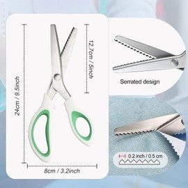 9 Inch Zig Zag Craft Scissors Decorative Edge, Pinking Shears Scissors for Fabric Cutting, Professional Dressmaking Sharp Fabric Sewing Scissors, Comfort Grips Scrapbook Scissors (White+Green)