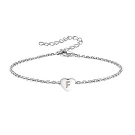 KunBead Jewelry Silver Initial F Letter Bracelet Love Heart Charm Stainless Steel Birthday Jewellery Gift Bracelets for Women
