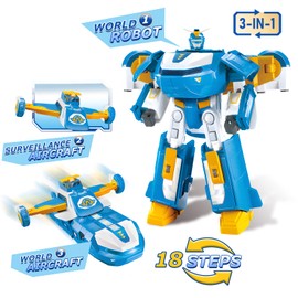 Super Wings 3-in-1 World Aircraft Transforming Robot with Light and Sound Effects, with a 2‘’ Transformable Robot Jett, Transformable Toy for Girls and Boys Aged 3 Years up, Blue