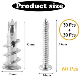 Pack of 30 Plasterboard Dowels, with 30 Screws, Cavity Dowels, Self-Drilling Plasterboard Dowels, Metal, Zinc Alloy Connectors for Mounting in Plasterboard, Plasterboard, Concrete Bricks