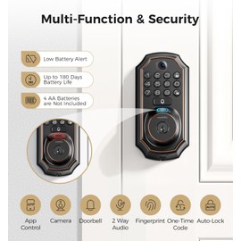 Keyless Entry Deadbolt - WiFi Video Smart Lock with Camera, 5-in-1 (Camera+Doorbell+Fingerprint+Keypad), App Control, Two-Way Audio, Waterproof, Easy Installation