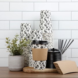 MakeASplash 100 Pack 16 oz Disposable Paper Coffee Cups with Lids, Sleeves and Straw Stirrers for Home, Office, Events or Business (Black and White Floral Pattern)