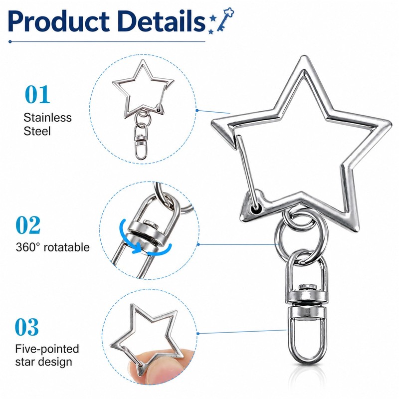 50 PCS Metal Keychain Clips Star Swivel Keychain Clasps for