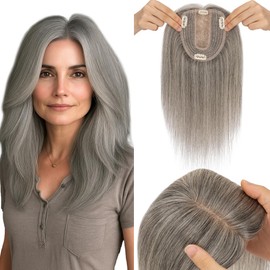 SEGO Grey Hair Toppers for Women Real Human Hair No Bangs, Salt and Pepper Hair Topper, 10 * 12 CM Silk Base Clip In Top Pieces Add Volume -6 Inch G2 Dark Grey Mix