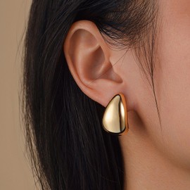 Chunky Gold Hoop Earrings for Women, 14K Yellow Gold Over 925 Sterling Silver Circle Lightweight Half Open J Shape Hoop Stud Earrings Trendy Plain Jewelry Gift for Her