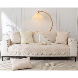 vctops Farmhouse 100% Cotton Quilted Couch Cover Floral Embroidered Sofa Cover Non-Slip Soft Sofa Slipcover Washable Furniture Protector (Khaki,28"x28")