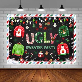 AIBIIN 7x5ft Christmas Ugly Sweater Party Backdrop Snowflake Black Christmas Winter Elfed Photography Background Xmas Holiday Festival Party Decorations Banner Photo Studio Props
