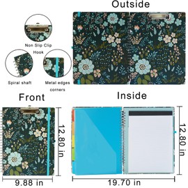 Clipboard Folio Spiral Folder Board,5 Extra Folders with 10 Storage Pockets,Refillable Lined Fillable Notepad,Folded Clipboard with Storage,Suitable for Office,School and Student (Green Flowers)