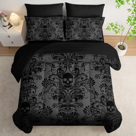 Tuzaovy Black Skull Comforter Set 7 Piece Queen Size Bed in A Bag,Goth Bedding for Room Decor,Soft Western Comforter Boho Hippie Bedding with Fitted Sheet,Flat Sheet, Pillowcases & Shams