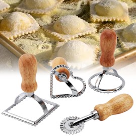 Qivine Moldes y Sellos para Pasta, 4 Piezas Cortador de Ravioles de Aceros Inoxidables, Máquina Manual para Hacer Pasta de Ravioli, Incluye 3 Cortadores de Raviolis y 1 Rueda para Pasta
