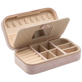 COWFEX Velvet Travel Jewelry Organizer Box Zipper Around with Compartment Mirror,Portable Display Tray Holder Storage Case for Multiple Earrings Rings Necklaces Bracelets (Pink)