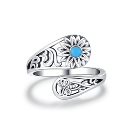 CRWENG Sunflower Turquoise Open Ring for Women Sterling Silver Turquoise Spoon Ring Vintage Adjustable Spoon Rings Sunflower Jewelry Gifts for Women