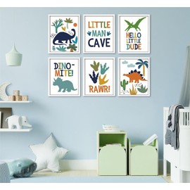 ArtbyHannah Framed Dinosaur Nursery Wall Decor, 8x10 inch Cute Baby Wall Art Room Decor for Kids, Prehistoric Adorable Animals Artwork Prints for Playroom Bedroom Baby Shower Decoration(4 Pack)