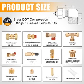 Ailbiuko 137Pcs Brass DOT Air Brake Line Fittings Assortment Kit,1/4" 1/8" 3/8" 1/2" Compression Air Nylon Tubing Fitting Assortment Repair Kits for Truck or Industrial Air System
