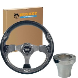 Huskey 12.5 Inch Carbon Fiber Golf Cart Steering Wheel for Club Car DS 1982-Up Gas & Electric models, Racing Style, Super Sport Center Logo, Brushed Aluminum Spokes and Anti-Slip Grip…
