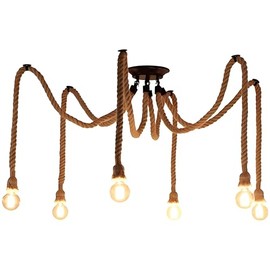 EmyZöilure E27 Hemp Rope Pendant Light,Vintage Ceiling Lamp Holder with Adjustable Cord for Kitchen, Farmhouse, and Boho Decor(1.5 Meter/Cord) (6 Head)
