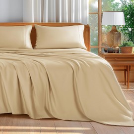 Shilucheng 100% Cotton King Size Sheets Set - 600 Thread Count，Luxury Egyptian Cotton Bed Sheets，5-Star Hotel Quality Sheets, Breathable & Cooling, 16 Inch Deep Pocket - 4 Piece (Beige, King)