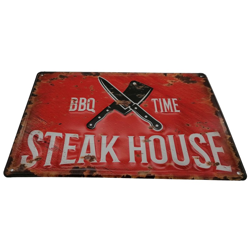 Steakhouse BBQ Retro Tin Sign, Embossed Grill Space, Kitchen Sign,