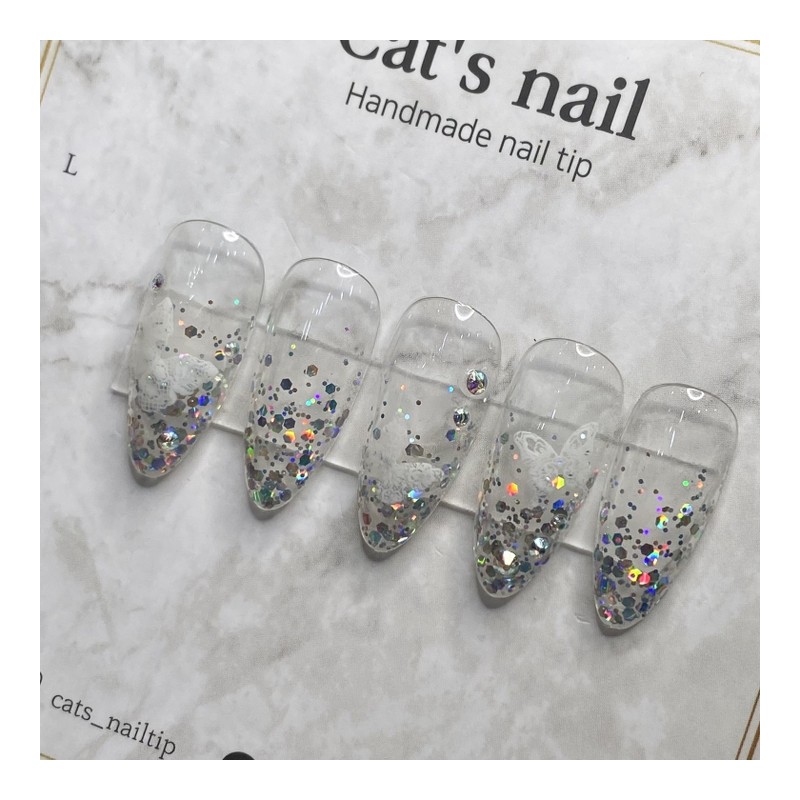 Glitter butterfly nail handmade nail tip - mini short oval