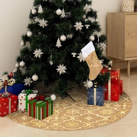 "vidaXL Yellow Fabric Christmas Tree Skirt with Matching Christmas Sock – 90 cm Diameter Festive Decoration with Snow Pattern Design"