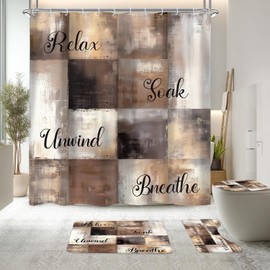 KOMLLEX 4Pcs Brown Beige Grey Abstract Shower Curtain Sets, Bath Mat and Toilet Lid Cover, Rustic Geometric Plaid Farmhouse Modern Quotes Bathroom Decor Set with Rugs and Accessories, 12 Pack Hooks