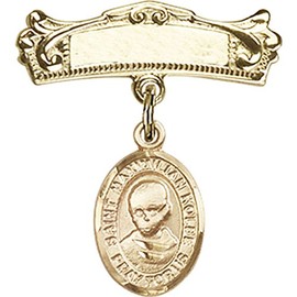Bonyak Jewelry Saint Medal Collection Gold Filled Baby Badge with St. Maximilian Kolbe Charm and Arched Polished Badge Pin 7/8 X 3/4 inches
