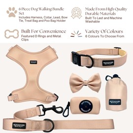 Hot Doggies Dog Walking Bundle Set. 6 COLOURS AVAILABLE. INCLUDES Harness, Lead, Collar, Treat Bag, Poo Bag Holder, Bow Tie (X-Small, Ecru)