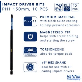 10 x Rennie Tools 150mm Long PH1 Impact Screwdriver Driver Bits Set. Magnetic Phillips No.1 Heavy Duty Impact Driver Bit Set. Extra Long PH1 Bits Extra Long. Hex Shank, Cross Head. Black Oxide Coated