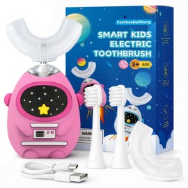 FanHwaDaiMung Kids U-Shaped Electric Toothbrush, Voice Guidance & Music Guided Brushing, 4 Brush Heads, 3 Modes, 360° Gentle Silicone, Type-C Charging, for Ages 3-12 (Power Pink)